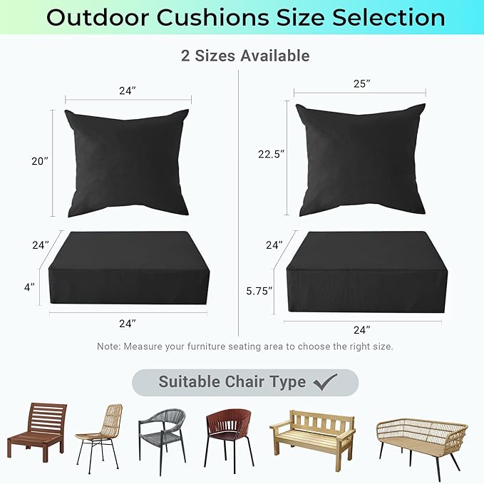 Outdoor Cushions for Patio Furniture,Outdoor Seat Cushion Set 24 x 24 x 5.75 Inch,Waterproof & Fade Resistant Outdoor Chair Cushions,Deep Patio Chair Cushion with Removable Cover,Black