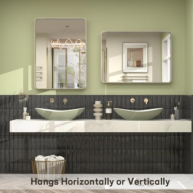 24x36 Inch Brushed Nickel Bathroom Mirror, Brushed Silver Metal Framed Wall Mirror, Rounded Corner Rectangle Vanity Mirror, Tempered Glass, Anti-Rust, Shatterproof (Horizontal/Vertical)