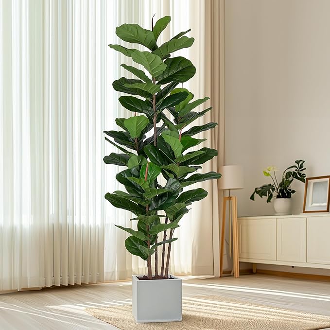 Faux Fiddle Leaf Fig Tree 6 FT - Artificial Ficus Tree with Tall Artificial Plants 69 Fiddle Leaves Greenery - Lifelike Fake Tree for Home Decor Living Room Indoor Outdoor