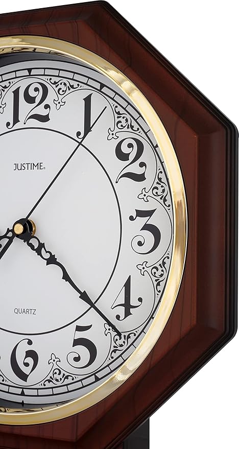 JUSTIME Traditional Schoolhouse Classic Vintage Arabic Regulator Wall Clock, Chiming Wall Clocks with Pendulum & Westminster Chime Hourly, Schoolhouse Wall Decor Battery Operated (Dark Wood Grain)