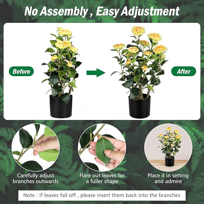 Romantic Season 2FT Yellow Artificial Camellia Tree 2Pack, Faux Camellia Plant Fake Potted Camellia Flower Tree for Modern Home Office Living Room Floor Décor