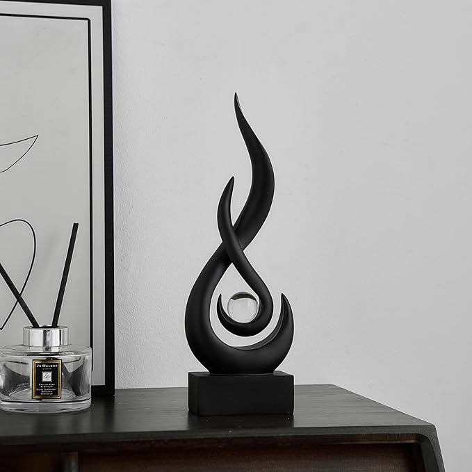 FJS Black Decor Modern Flame Statue Home Decorations for Living Room, 11.8" H Shelf Decor Accents, Abstract Art Resin Sculpture for Dining Room Office Coffee Table Centerpiece