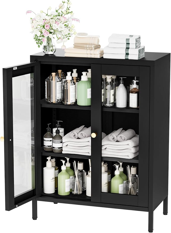 Metal Bathroom Cabinet with Glass Doors,Bathroom Floor Storage Cabinet with 2 Adjustable Shelves & 2 Doors, Sideboard for Small Spaces, Living Room, Dining Room, Home Office