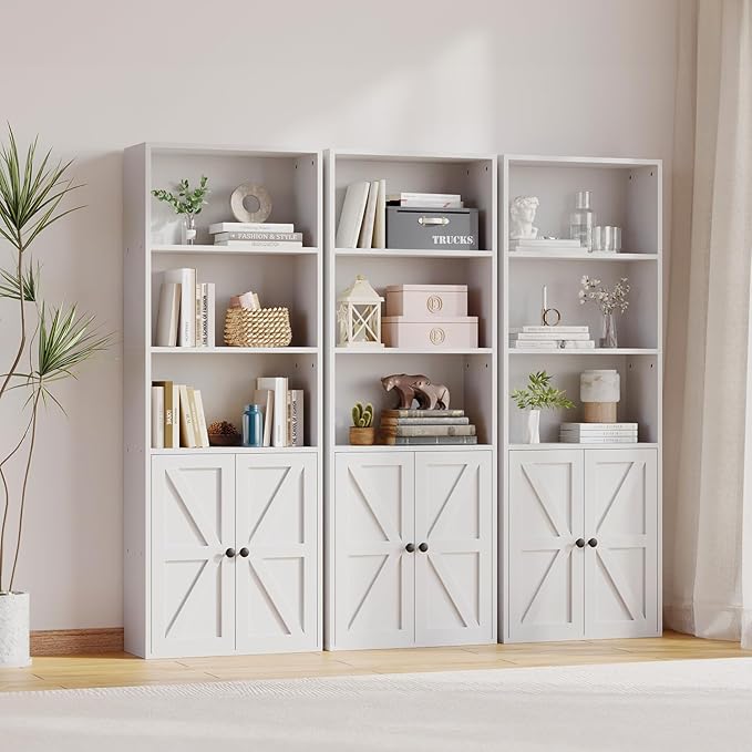 5 Tier Bookshelves and Bookcase with Doors Industrial Set of 2 Double Wide Floor Standing Book Shelf 59" Tall Display Shelves Bookshelf with Storage Cabinets for Living Room, White