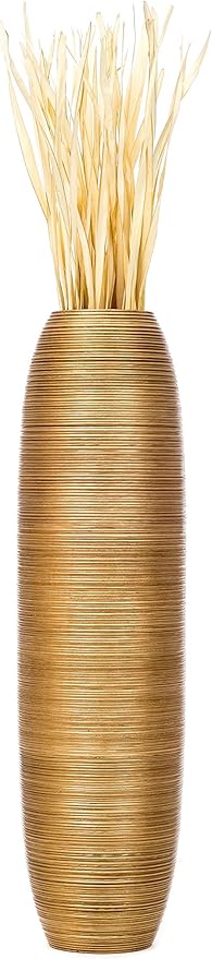 LEEWADEE Large Floor Vase – Handmade Flower Holder Made of Wood, Sophisticated Vessel for Decorative Branches and Dried Flowers, 43 inches, Golden