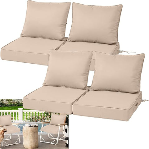 Waterproof Outdoor Chair Cushion Set of 4, 24x24x5 IN Deep Seat Patio Cushions with Fade Resistant Removable Cover,Outdoor Cushions for Patio Furniture with Ties&Handle for Chair Sofa Couch,Khaki