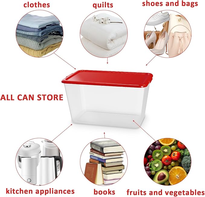 Storage Totes with Lids - Made in USA 14.5-Gallon (58-Quart) 4-Pack storage bins with lids plastic storage containers large storage boxes for Organizer Red/Clear