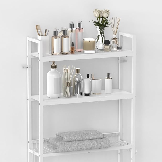 Over Toilet Storage 3 Tier Bathroom Organizer Over Toilet Above Toilet Storage Rack Freestanding Bathroom Space Saver Over Toilet Bathroom Organizer White for Restroom, Laundry, Wooden