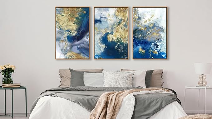 Large Abstract Framed Wall Art - Natural Float Framed Colorful Canvas Pictures Decor Blue Gold White Background Modern Artwork for Bedroom Living Room Kitchen Home Office Decoration 48" X 24" Set of 3