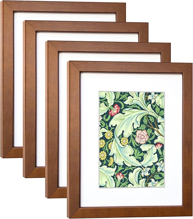 11x14 Picture Frame Set of 4 Made of Solid Wood with Real Glass for Pictures 8x10 with Mat or 11x14 Without Mat, Wall Mount or Tabletop Gallery Photo Frames, Brown