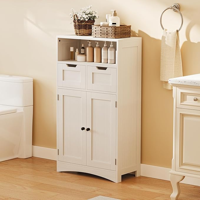 Gizoon Storage Cabinet, Bathroom Cabinet with 2 Drawers and Adjustable Shelves, Freestanding Storage Organizer with Doors for Bathroom, Living Room, Kitchen, Home Office, Hallway
