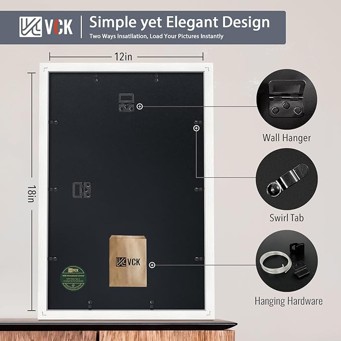 VCK 12x18 Picture Frame 5 Pack | with Mat 11x17 | Solid Wood Poster Frame with HD Glass | Exclusive Wood Grain - White