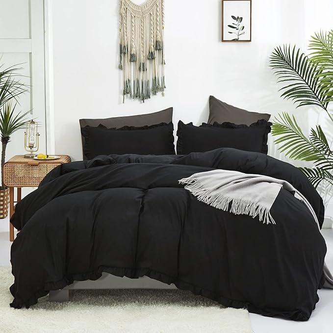 Luxlovery Black Ruffle Comforter Set Queen Farmhouse Shabby Khaki Bedding Comforter Set Full All Black Color Quilts Blankets Vintage Shabby Soft Breathable Boho Bedding Set for Queen Bed Women Men
