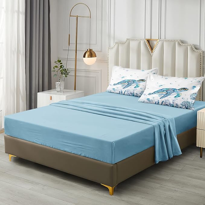 Sea Turtle Comforter Ocean Theme Bedding Set Full Size Bed in a Bag 8 Pieces Bed Set with 1 Ocean Comforter, 1 Blue Flat Sheet, 1 Fitted Sheet, 4 Pillowcases, 1 Cushion Cover(Sea Turtle, Full)