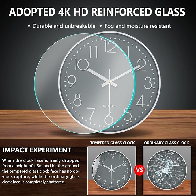 Silent Wall Clocks Battery Operated 8 Inch, Analog Wall Clock with Oversized Number Tempered Glass Clock Face, Quartz Non Ticking Wall Clocks for Living Room Bedroom Kitchen Office, Grey