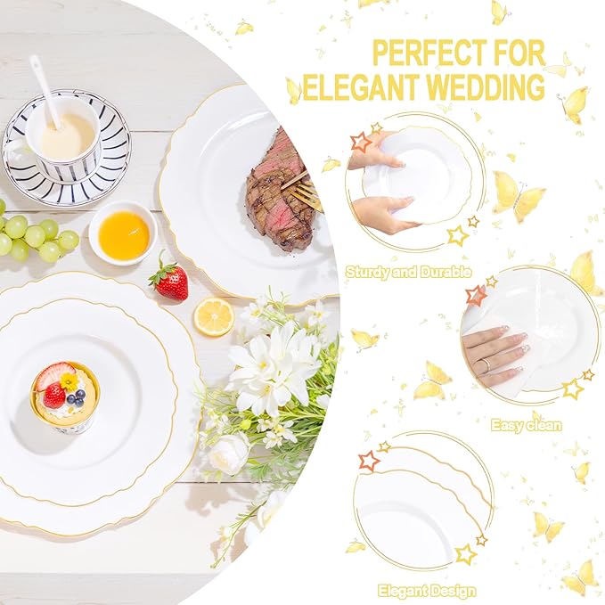 WDF 100pcs Gold Plastic Plates - High-end Baroque Design - Heavy Duty White &Gold Wedding Plates Set Ideal for Weddings/Party/Bridal Shower