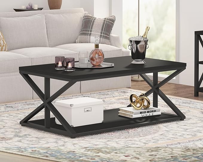 Launica Modern Coffee Table with Storage, Farmhouse Living Room Table, Minimalist Rectangle Center Table, Industrial Vintage Wood Tea Table, 39 Inch, Black Oak
