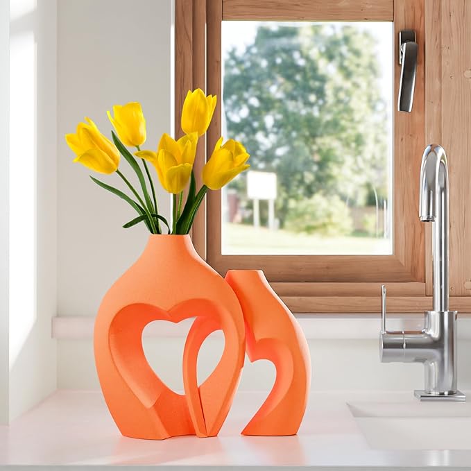 Orange Vases for Decor, Heart Shaped Ceramic Vase Set of 2, Nordic Heart Shaped Vases, Minimalist Decorative Vase for Table Centerpiece Wedding Dining Living Room Office House Decoration