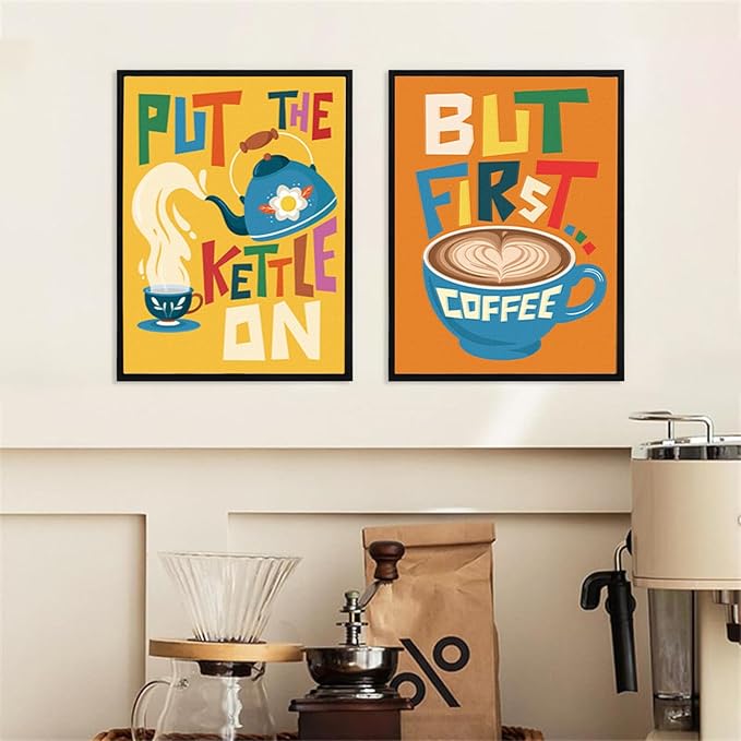 LHIUEM Kitchen Wall Decor Colorful Kitchen MCM Midcentury modern Pictures Set of 3(12”X16”)Funny Quotes Dining Room Framed Wall Decor Terracotta Abstract Cuisine Canvas Wall Art for Restaurant Canteen