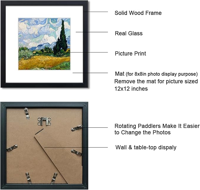12x12 Picture Frame Set of 2 Made of Solid Wood Photo Frame with Real Glass for Pictures 8x8 with Mat or 12x12 Without Mat,Wall Mount or Tabletop Gallery Photo Frames in Black