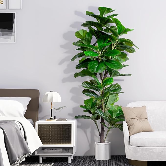 Artificial Fiddle Leaf Fig Tree Indoor, 5FT Tall Faux Tree with Natural Wood Trunk and Lifelike Leaves, Tall Artificial Plants Indoor, Fake Plants for Home, Office, Living Room Decor