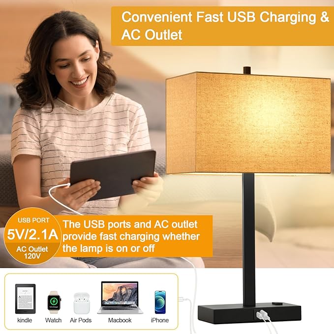 21" Touch Bedside Lamps with 2 USB & AC Outlets, 3-Way Dimmable Bedside Table Lamps Set of 2 for Bedroom Living Room Office Reading, Beige Linen Shade Lamps for Night Stands, 2700K LED Bulbs Included