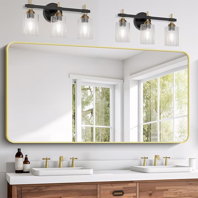 FORBATH 30x60 Inch Gold Bathroom Mirror for Over Sink, Large Rectangular Wall Mirror with Metal Frame, Rounded Corners for Bathroom, Bedroom, Entryway Decor (Horizontal or Vertical)