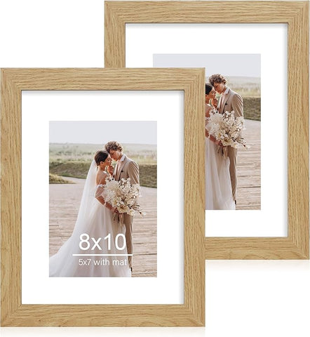 8x10 Picture Frame Set of 2, Made of Real Glass and Natural Oak Wooden Frame - Display Picture 5x7 with Mat or 8x10 Without Mat, 8 by 10 Photo for Wall or Tabletop