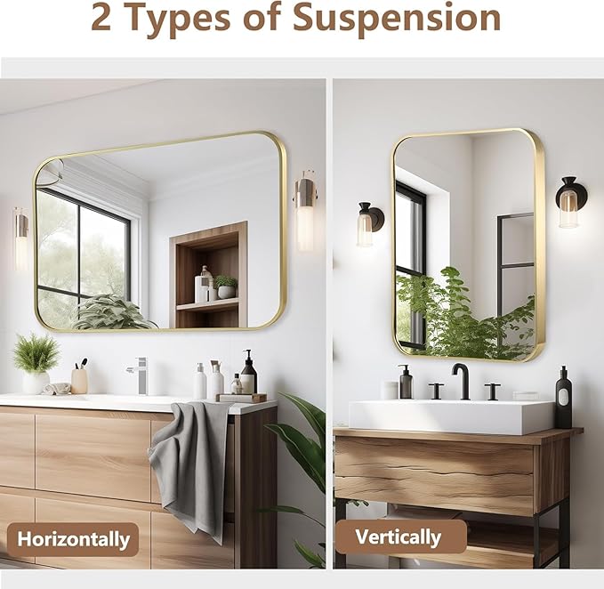 48x30 Inch Gold Bathroom Mirror, Brushed Brass Gold Metal Framed Rectangular Mirror with Rounded Corner, Bathroom Vanity Mirror for Bedroom or Living Room, Horizontal/Vertical