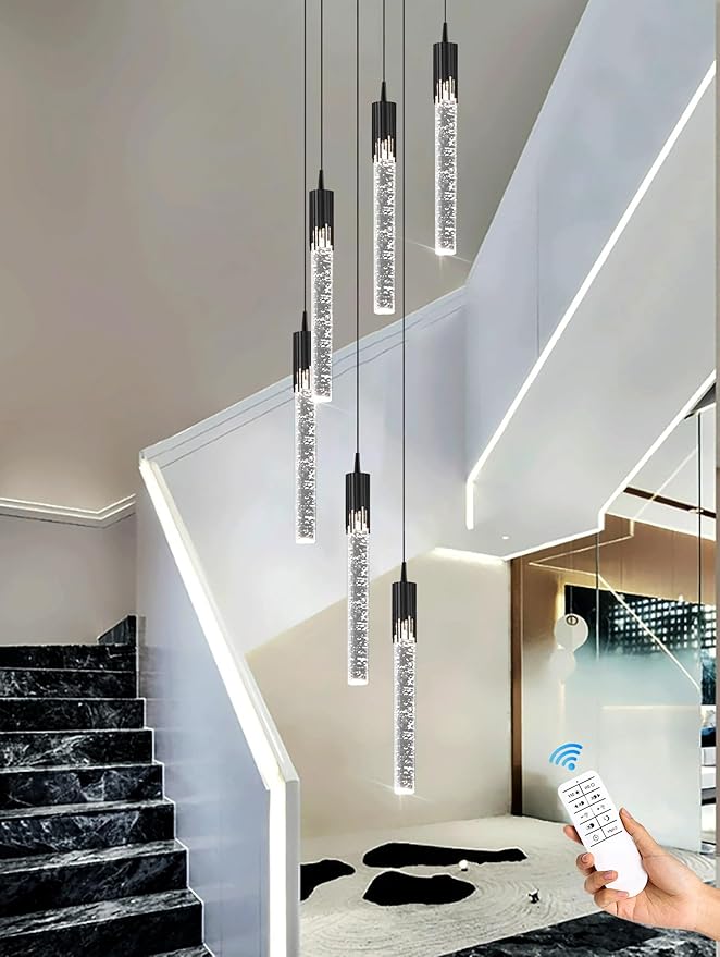 Flashing God 6-Lights Black Staircase Chandeliers Crystal Bubble Raindrop Chandelier 70'' High Ceiling Foyer Entrance Chandeliers Creative Loft Ceiling Light Dimmable 2700K 4500K 6000K
