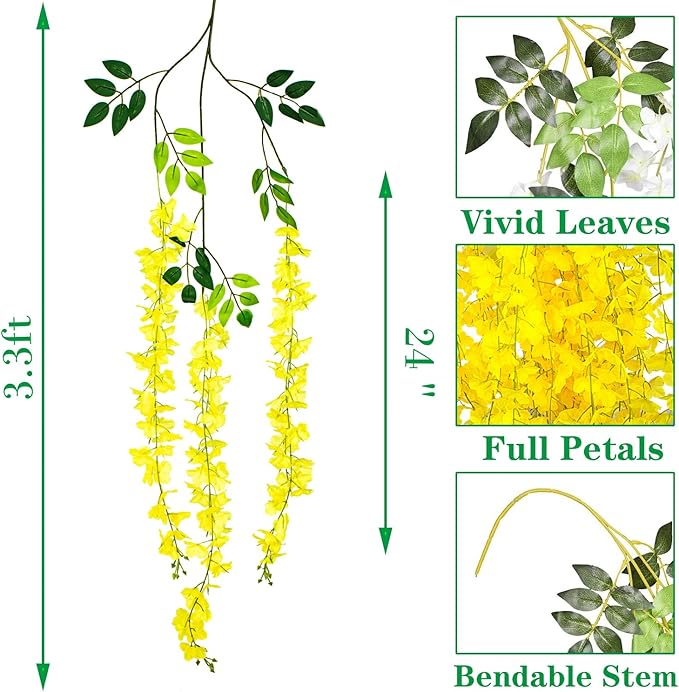 24 Pack Artificial Fake Wisteria Vine Ratta (3.75 Feet) Hanging Garland Silk Flowers String Home Party Wedding Decor (Yellow)