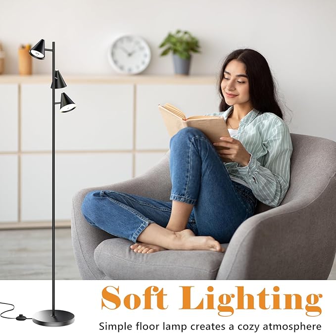 Floor Lamp 3 LED Lights with Magnetic Remote Control Tall Standing Rotatable Dimmable Lighting 5 Color Temperatures 6500K 25W 63" for Bedroom Reading Room Office