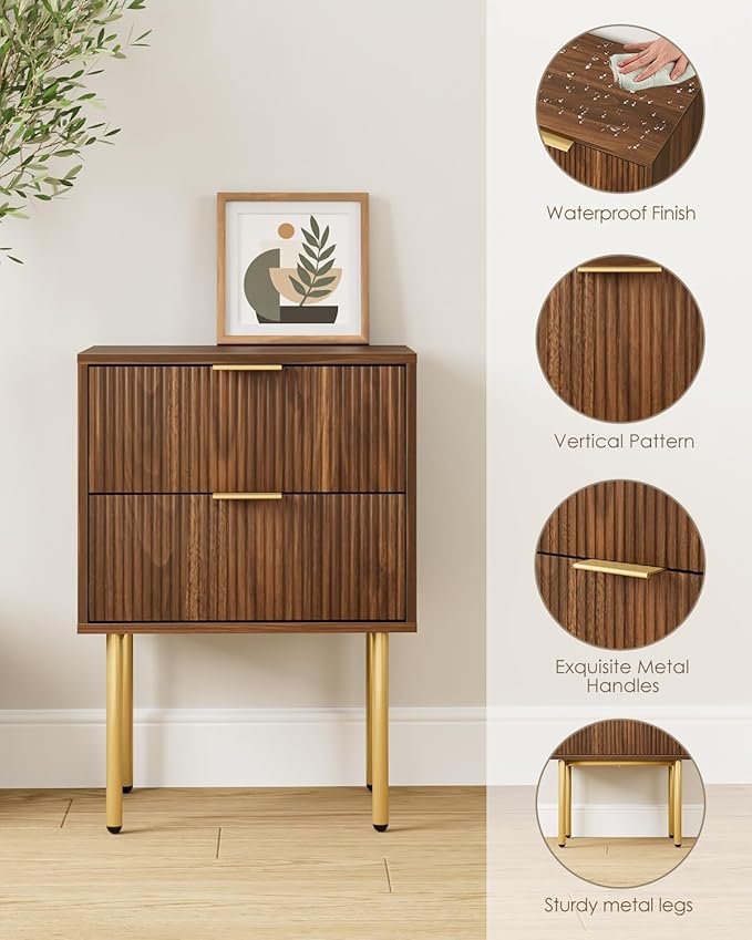 Nightstand,Morden Bedside Table with Gold Frame,Small White Night Stand,End Table,Bedside Furniture,Side Table with Drawer and Shelf for Bedroom,Living Room (2Drawers, Walnut Brown)