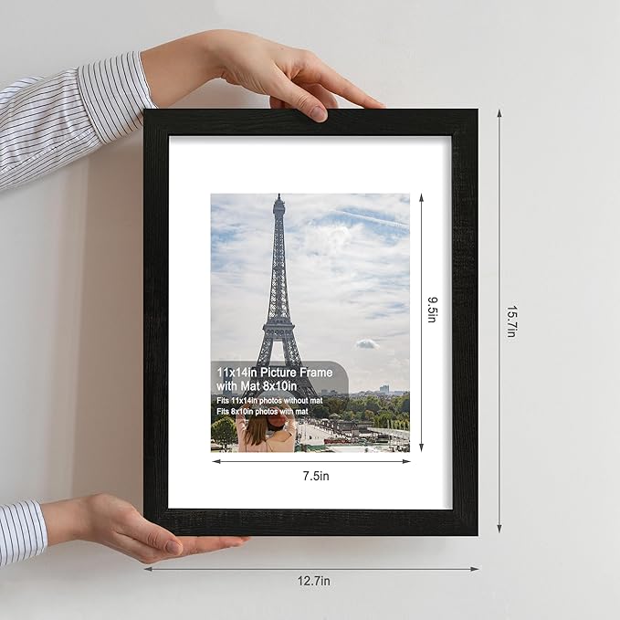 11x14 Picture Frame Set of 2, Made of Made of Glass and Rustic Black Wooden Frame, Display 8x10 Pictures with Mat or 11 x 14 Posters without Mat for Wall Mounting, Gallery Photo Frames