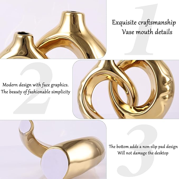 Gold Home Decor Ceramic Vase, Round Vase with Holes Set of 2, Suitable for Wedding Entrance Decoration, Bookshelf, Mantel, Unique Home Decor (Gold)