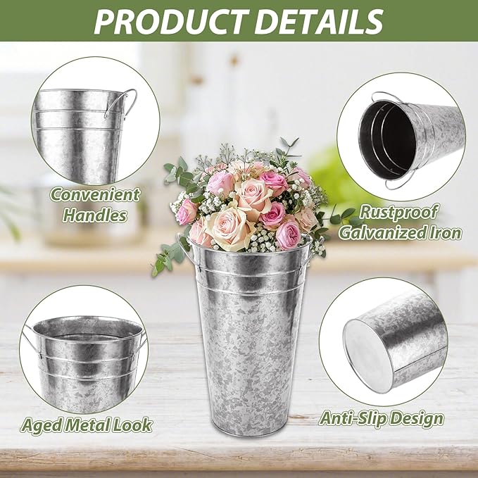 4 PCS Flower Buckets Bulk 12 Inch Galvanized Flower Bucket Metal Flower Vase with Handle, Metal Bucket Planter Floral Container for Flowers Arrangements Table Centerpiece Weddings Home (Silver)