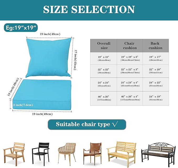 Patio Cushions for Outdoor Furniture, Fade and Weather Resistant Deep Seat and Backrest Cushion Set for Chair Sofa Couch Swing, 24x24 Inch, Teal, 1 Set
