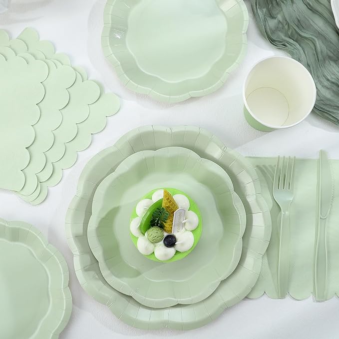 350 Pcs Sage Green Party Supplies Include Scalloped Plate Napkin Cup Forks Knives, Plastic Cutlery 50 Guest Disposable Party Tableware Set for Wedding Baby Shower Bridal Shower Birthday Parties