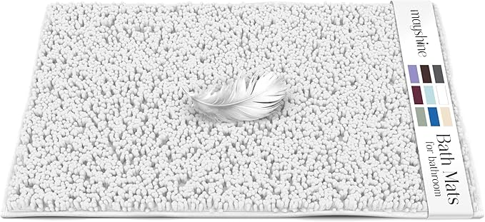MAYSHINE Plush Shaggy Chenille Bath Mat | Extra Soft, Super Absorbent, Non-Slip Bathroom Rug | Fluffy Microfiber, Area Rug Sets for Bathroom Floor, Kitchen, Living Room | 23"x14" | White