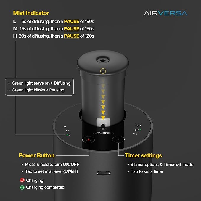 Waterless Essential Oil Diffuser for Home Aromatherapy Scent Diffusers with 3 Countdown Timer Settings or Timer-Off, 3 Mist Levels for Car Room Studio Office, ANX Premium Metal Silver