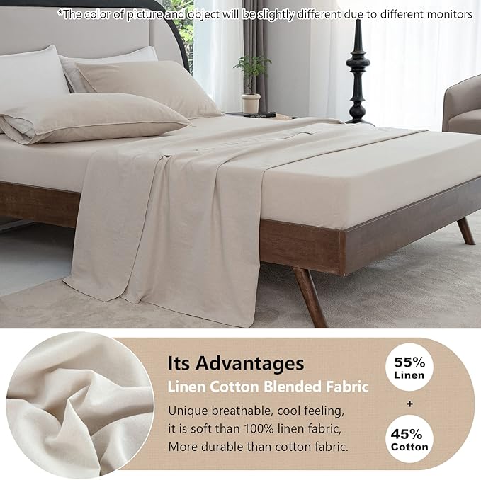 Talasily Linen Sheets-Queen Size Sheets Set,Blend from Linen Cotton Bedsheets,All Seasons Soft Breathable 4 Piece Set-Beige