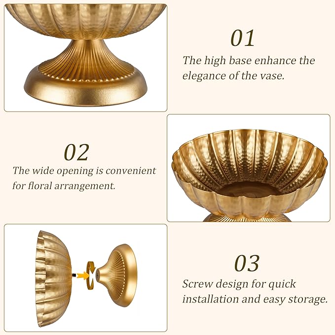 Compote Bowl Vases for Centerpieces Urn Vase, Metal Small Pedestal VaSe Gold Pot, Flower Arrangement for Wedding Anniversary Party Home Decor, 2Pcs