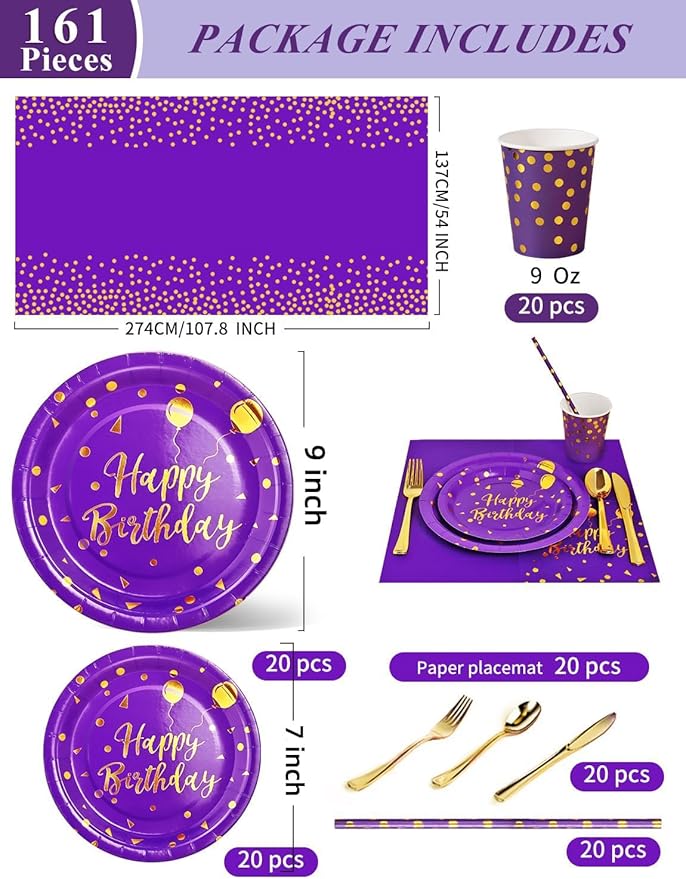 Birthday Party Tableware, 161 Pieces Purple Gold Party Supplies, Dinnerware Sets Include Paper Plates Napkins Cups Silverware, for Shower Engagement Parties Decoration -20 Serves