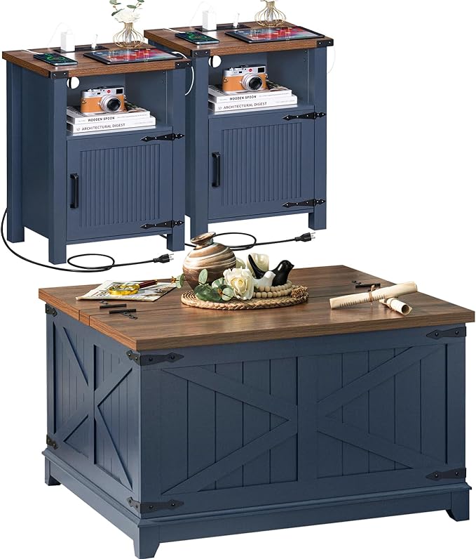 Night Stand Set of 2, 18 Inch Farmhouse Nightstand with with Charging Station and USB Port, Rustic Couch End Table with Magnetic Door, Wood Bed Side Tables for Bedroom, Home, Navy Blue