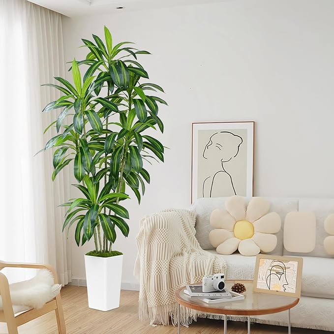 Dracaena Plant Artificial Tree 7Ft Tall Fake Tropical Floor Plants Potted (Real Touch) Artificial Silk Tree Leaf Faux Trees White Tall Planter for Home Office Living Room Indoor Outdoor Decor