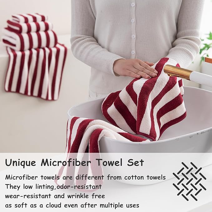 18 Pcs Red Cabana Stripe Family Towels Set with Hanging Loop-6 Bath Sheets,6 Hand Towels,6 Washcloths Ultra Soft Bathroom Towel Highly Absorbent Quick Dry Shower Towel for Beach Chair,Spa,Gym,Hotel