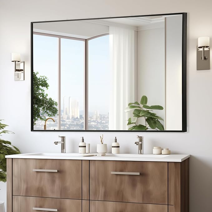 Black Bathroom Mirror, 20"x28" Rectangle Mirror, Matte Black Mirror, Metal Frame Square Corner Vanity Mirror, Wall Mounted Mirror for Modern, Living Room, Bedroom, Horizontal Or Vertical