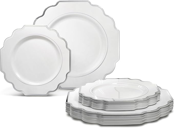 " OCCASIONS " 50 Plates Pack (25 Guests)-Heavyweight Wedding Party Disposable Plastic Plate Set -(25x10.5'' Dinner + 25x8'' Salad/Dessert) (Imperial in White & Silver Rim)