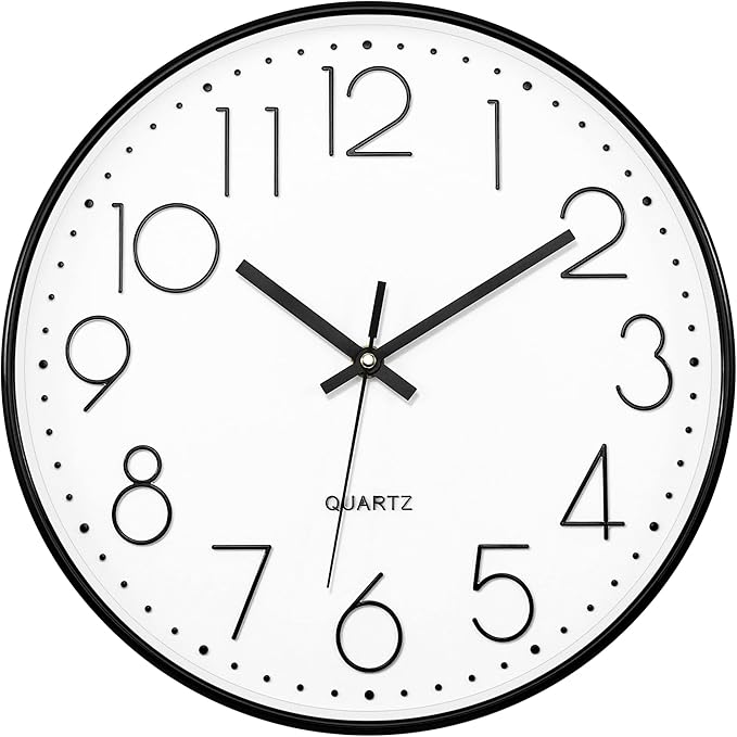 Foxtop Black Wall Clock 12 Inch Silent Non Ticking Quartz Battery Operated Round Clock Easy to Read for Office Classroom School Home Living Room Bedroom Kitchen Decor