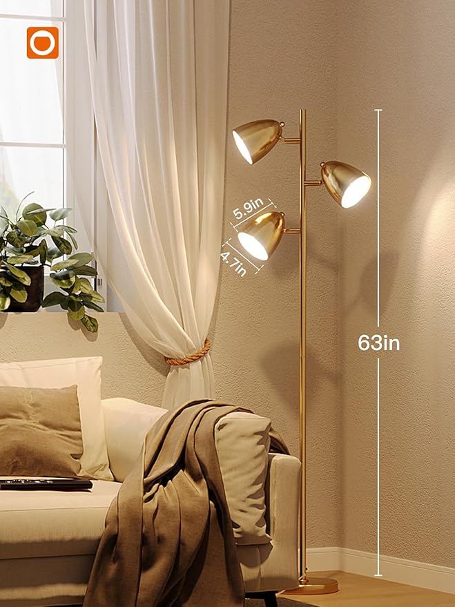 addlon Tree Floor Lamp with Remote, 3 Adjustable Rotating Light and Matching LED Bulbs, Standing Tall Pole Lamps for Living Room, Bedroom, Home, Office - Gold